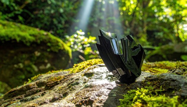 Glossy black obsidian crystal shard with sharp edges rests on a mossy rock in a sunlit forest clearing