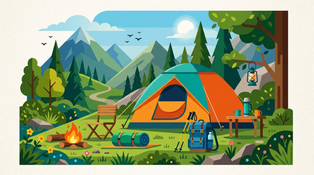 Camping tent with outdoor equipment and campfire in mountain valley vector landscape illustration