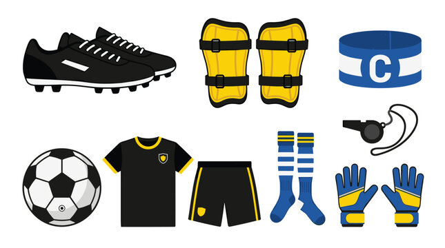 A comprehensive collection of soccer equipment includes black cleats, yellow shin guards, a captain armband, a whistle, and gloves.