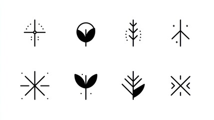 Obraz premium Collection of minimalist, black line art symbols resembling nature motifs. Geometric shapes, stylized plants, and abstract designs