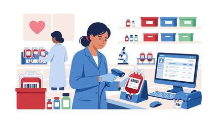 Fototapeta premium Medical laboratory worker scanning blood bag barcode in blood bank lab illustration. EPS Editable