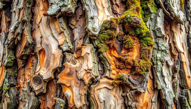 Close-up view revealing aged, textured tree bark with varied colors, patterns, and moss growth