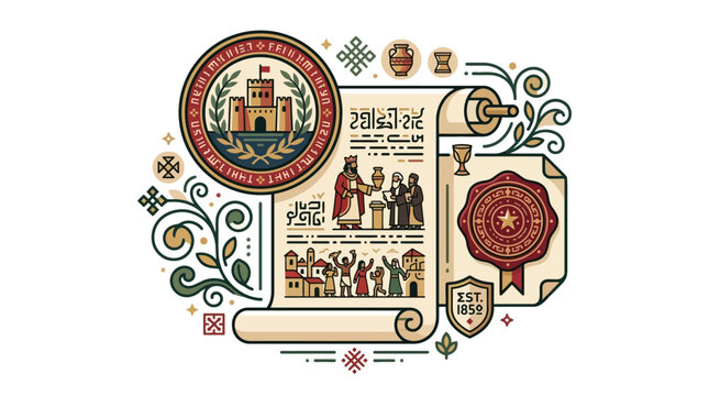 Medieval historical scroll manuscript with royal castle seal and vintage charter illustration. EPS Editable