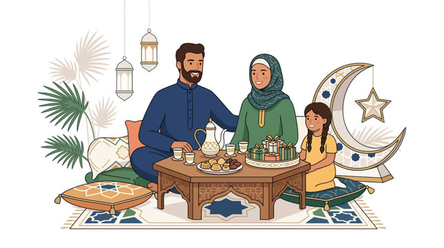 Muslim family celebrating Ramadan Iftar dinner together vector illustration. EPS Editable