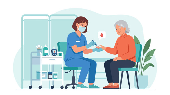 Nurse checking blood sugar level of elderly patient with glucometer vector illustration. EPS Editable