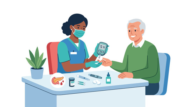 Nurse checking blood sugar level of senior patient with glucometer in medical clinic illustration. EPS Editable