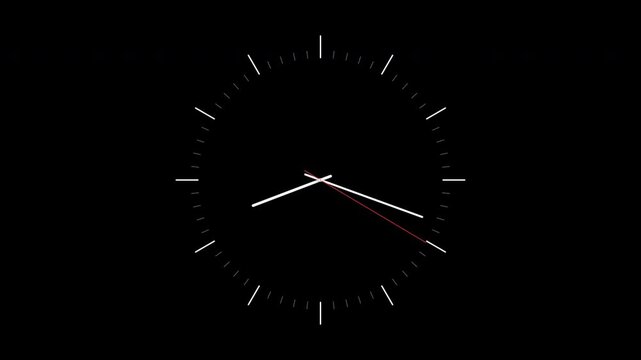 A minimalist analog clock displaying the time eight twenty, with white hour and minute hands, a thin red second hand, and white markers on a black background.