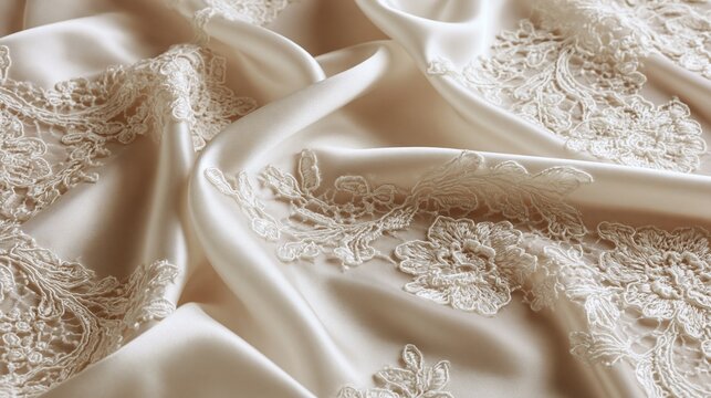 Ultradetailed flat lay of finely woven vintage lace on creamy silk backdrop highlighting ethereal floral patterns with soft focus edges and a minimalistic highkey fashion