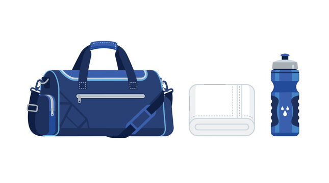 Essential gym accessories including a dark blue duffel bag, a neatly folded white towel, and a reusable water bottle sit on white floor.