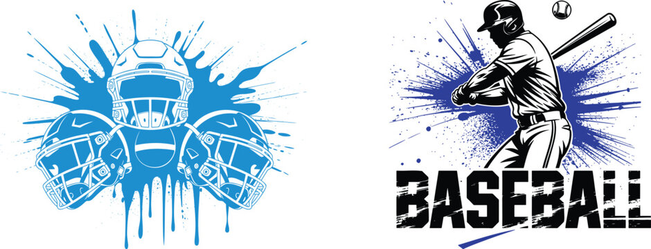 Dynamic graphic of three football helmets with blue paint splatter and a powerful baseball player batting
