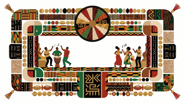 Traditional African cultural celebration illustration with dancers drumming and ethnic geometric pattern border. EPS Editable