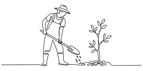 Continuous single line drawing of a farmer digging soil with a shovel to plant a small tree in a garden Vector, illustration © Alo 2026 Arts