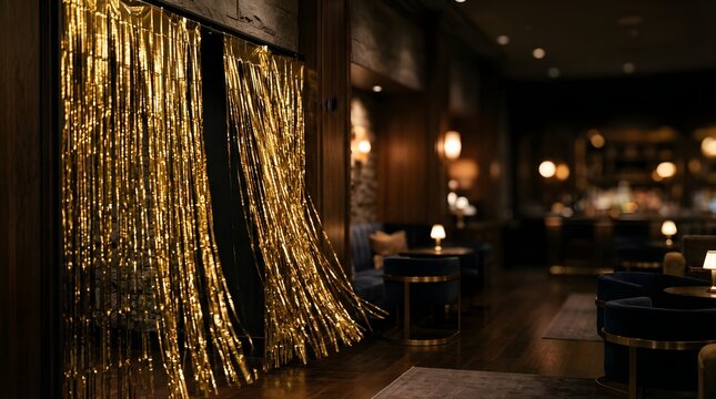 Golden fringe curtains hanging in a dark elegant lounge for event decor