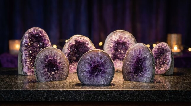 Collection of polished purple amethyst geode slices displayed on a dark granite surface with soft bokeh lighting and a deep violet fabric backdrop for decorative use.