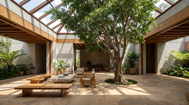 Showcasing a unique interior design concept in a modern atrium with natural light and ample copy space, creating a serene background.