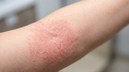 Fototapeta premium Close-up of human arm skin showing an inflamed red patch of dermatitis