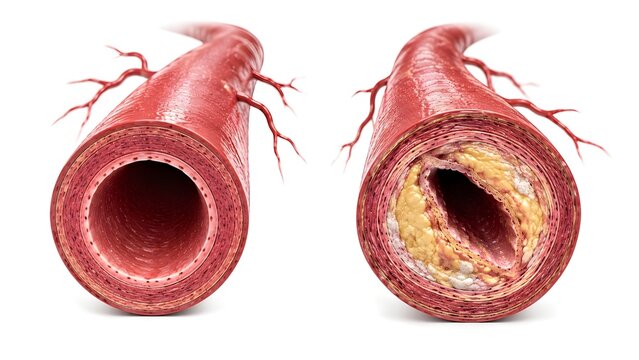 Healthy Artery vs Atherosclerosis, Severe Arterial Plaque Buildup and Stenosis, Ultra Realistic Human Blood Vessel Anatomy, Medical Illustration Isolated on White Background.