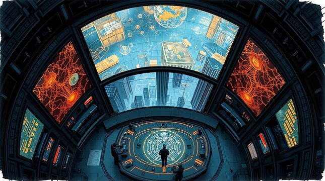 A futuristic command center room with large digital screens and a circular holographic control interface displaying city maps and data
