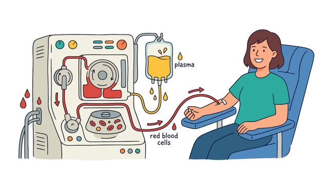 Vector illustration of a woman donating blood plasma using an apheresis separation machine. EPS Editable