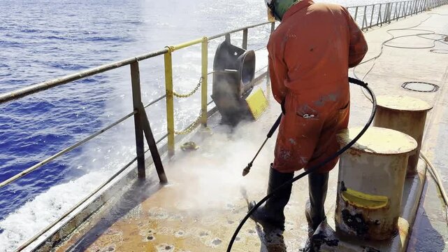 seafarer remove rust form ship main deck by high pressure water blaster