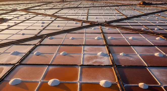 Aerial view of salt evaporation ponds with white piles at sunset