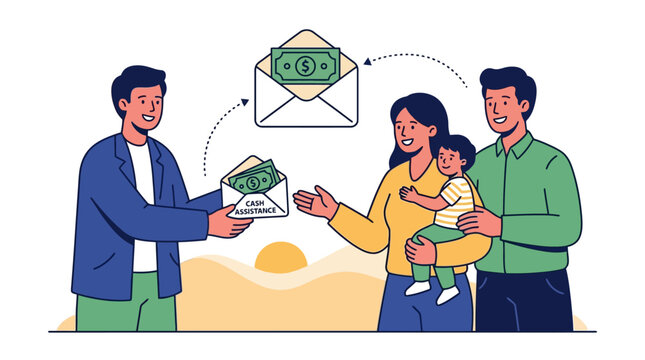 Vector illustration of a man sending money remittance in an envelope to a family with a child. EPS Editable