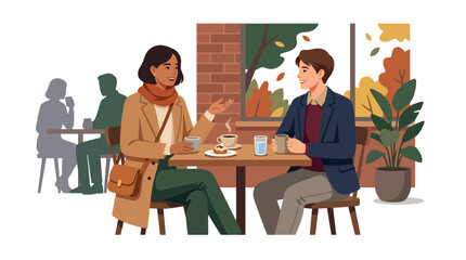 Fototapeta premium Young couple talking and drinking coffee at a cozy cafe during autumn season flat vector illustration. EPS Editable