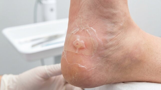 Medical treatment of a corn or callus on human foot with adhesive pad
