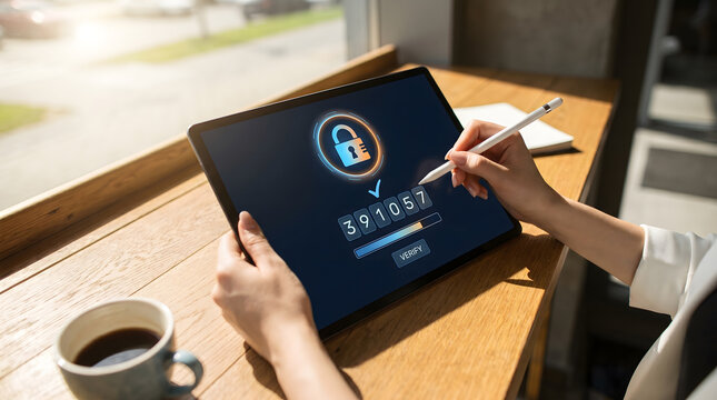 Woman using tablet and stylus for two factor authentication and OTP verification with secure padlock icon in cafe, Identity verification and password protection.