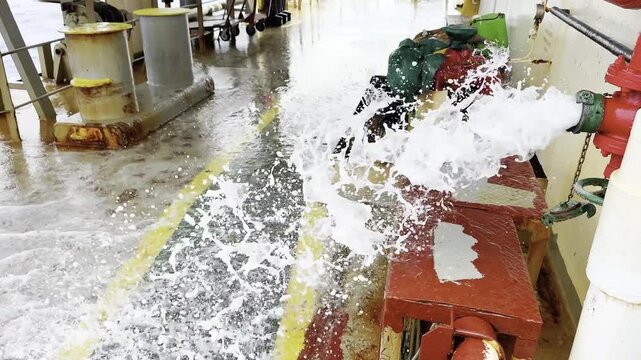 water spray form fire hydrant. ship main deck and accommodation. bollards and bunker station