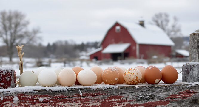 Fresh Farm Eggs in Winter Snow Landscape.