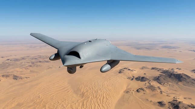 Generic Military Combat Drone Flying Above Desert