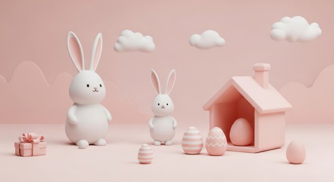 Pastel Easter Bunny Scene with Gifts.