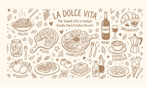 La Dolce Vita Italian Food Hand-Drawn Doodle Set with Pizza and Pasta