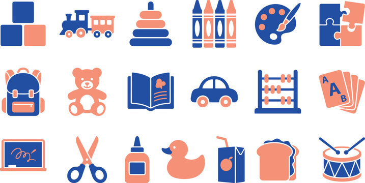 A set of colorful vector illustrations featuring diverse educational toys and school supplies for children