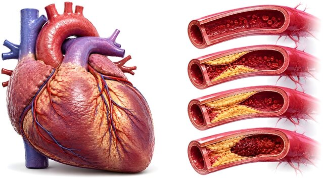 Human Heart with Coronary Artery Disease and Progressive Arterial Blockage &ndash; Detailed Medical Anatomy.