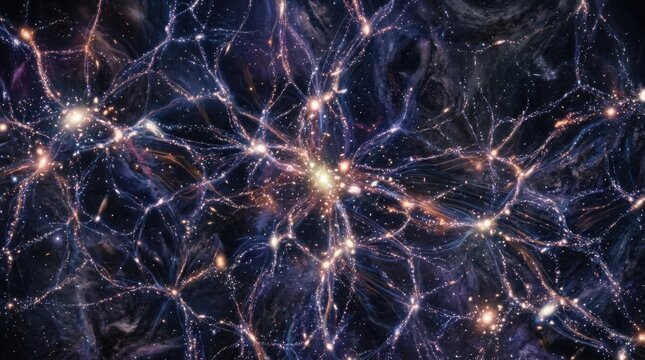 Visualization of cosmic web structures showing large-scale universe filaments with glowing star clusters, interconnected dark matter networks, and gaseous interstellar clouds.