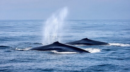 Naklejka premium Majestic Whales Swimming Gracefully in Calm Ocean Waters