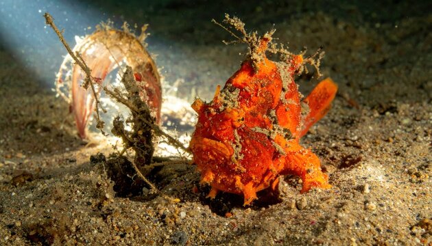 Brightly colored frogfish camouflaged on sandy seabed textures, showcasing marine mimicry