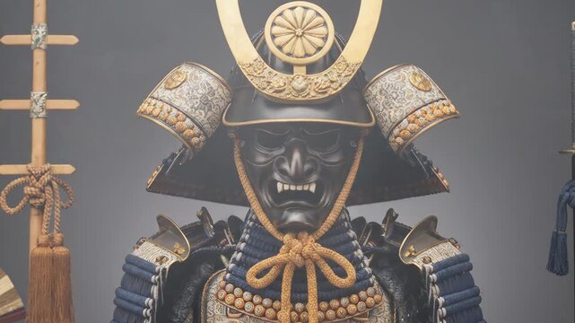 A detailed close-up of a traditional Japanese samurai armor with a menacing black mask and golden accents.
