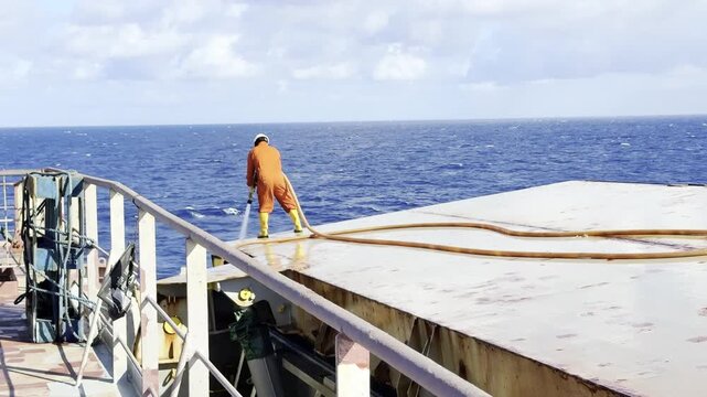 seafarer with fire hose washing hatch covers of cargo ship. able seaman job. life at sea