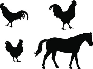 Collection of black farm animal silhouettes featuring three roosters and a horse isolated on white background for agriculture design © SreeRupali