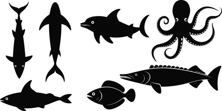 Collection of black marine animal silhouettes featuring shark dolphin octopus and various fish species isolated on white background