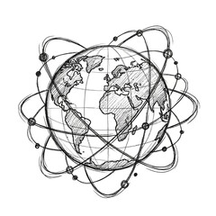 Obraz premium Globe Sketch with Network Lines, Isolated