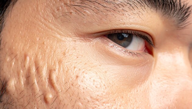 Close-up of a person's face with visible scarring and pores, focusing on the eye and cheek area