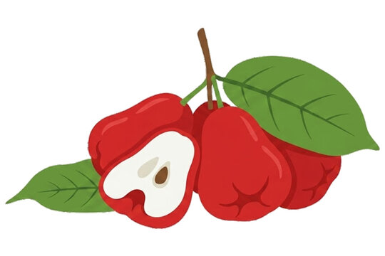 Fresh Red Water Apple Syzygium Samarangense Group with Green Leaves and Half Slice Isolated on Plain White Background, Sweet Juicy Wax Apple Rose Apple Java Apple Bell Fruit Tropical Summer Fruit
