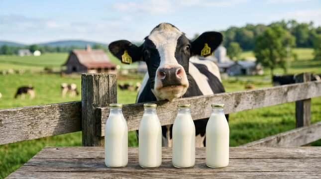 A curious holstein cow looking over a wooden fence at a farm with four glass bottles of fresh milk on a rustic wooden table in the foreground