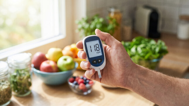 Closeup of a person holding a blood glucose meter showing a reading of 118 mgdl in a kitchen with healthy food in the background