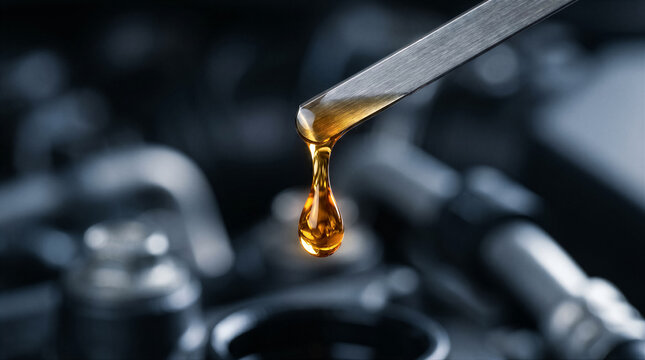 Closeup of a motor oil drop falling from a dipstick, engine maintenance and automotive lubrication concept, professional car service