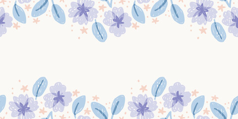 Obraz premium Horizontal floral border template with top and bottom violet flowers decoration 
